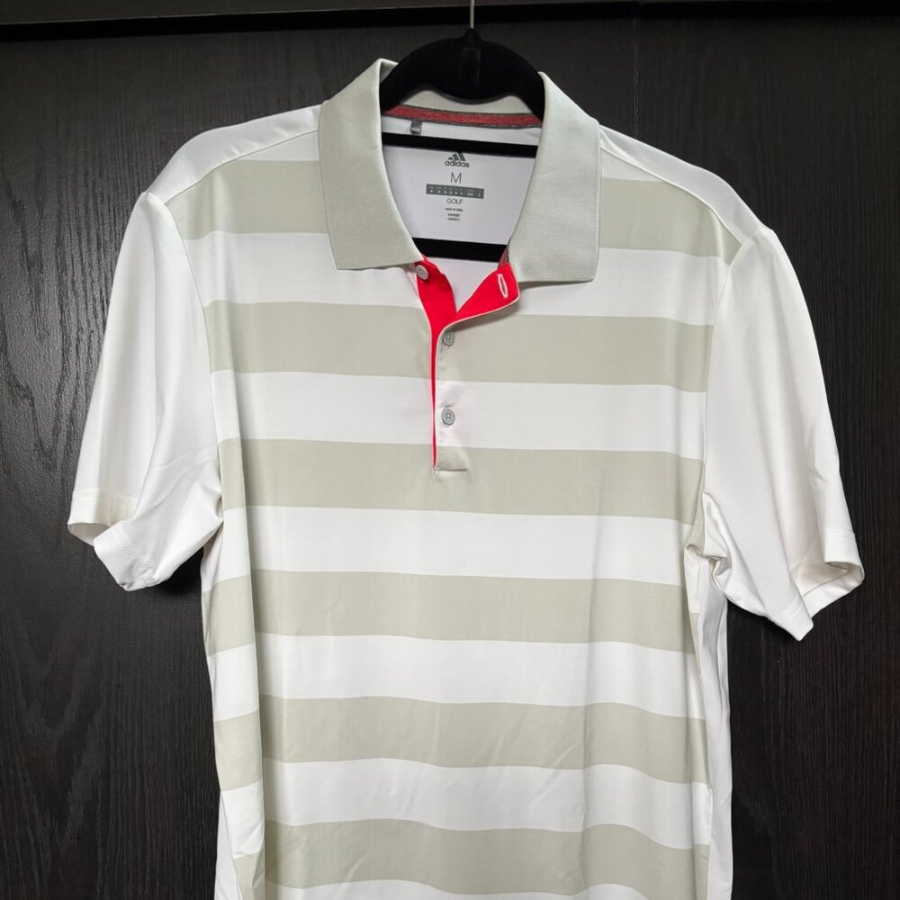 Adidas Golf Polo Shirt Men’s Medium White Light Gray Striped Performance Top